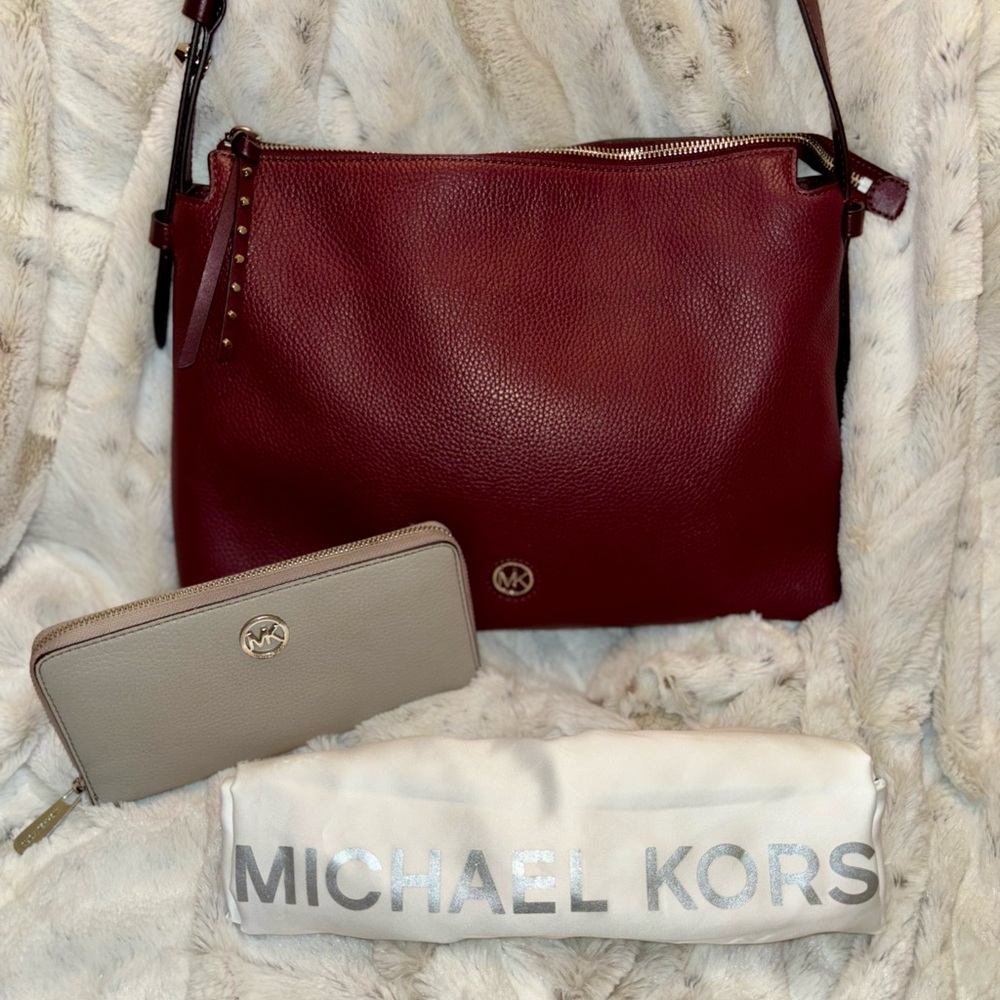 SET Michael Kors Pebbled Leather Burgundy Purse, Wallet, Duster Bag